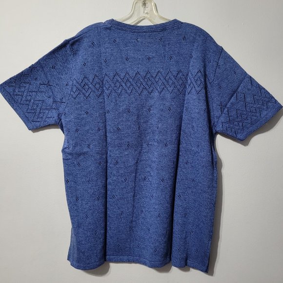 Vintage crochet knit short sleeve pullover sweater, royal blue, L and XL - Picture 4 of 6